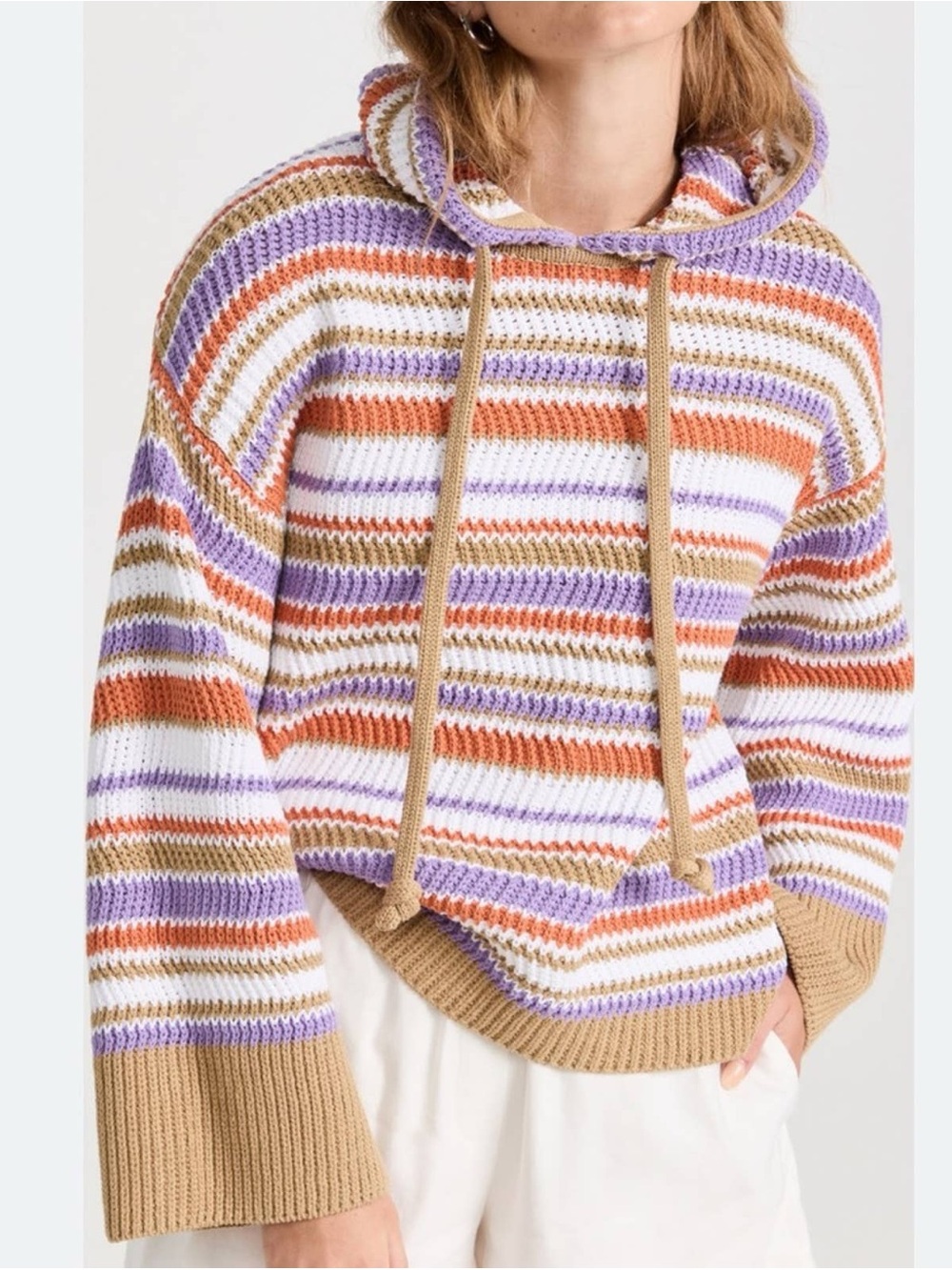Rebecca Taylor Striped Hoodie Sweater in Lavender, Camel & White